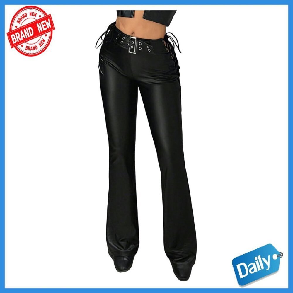 Faux Leather Flare Pants Lace Up Side Low Rise Punk Clubwear